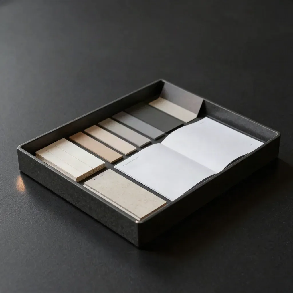 Bandeja modular de sistema visual con fichas neutras, tiras de papel y hojas vacías sobre negro carbón.