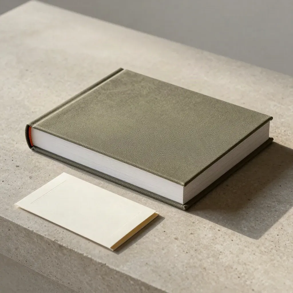 Manual de marca cerrado con anexos sobre piedra clara, estilo editorial premium.