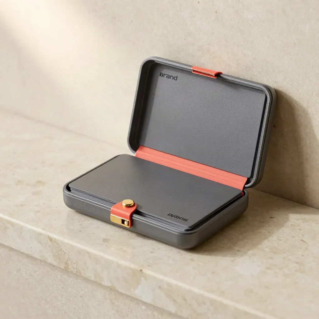 Mini pack de marca rígido con tarjetas y sobre fino sobre travertino, luz suave y tono coral.