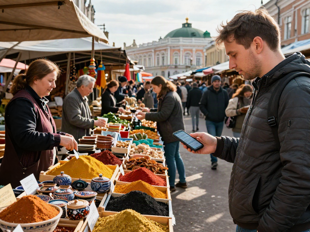 Un turista pagando en Rusia usando https://payinrussia.com/ en un mercado local vibrante, rodeado de productos frescos y vendedores.